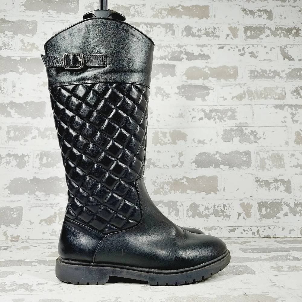Nordstrom Aubrey Black Faux Leather Quilted Knee High Boots B622